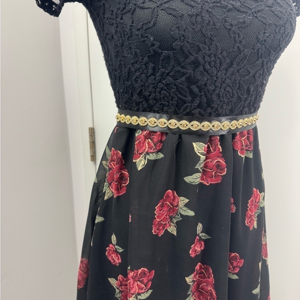 Girls Fall Dress Black And Red Rose Drop Tail Belt Short Sleeve Prom Lay… - Picture 3 of 12